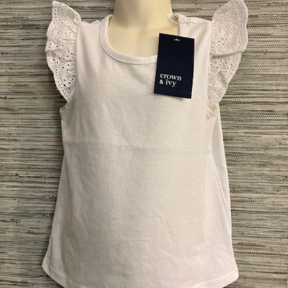 NWT! CROWN & IVY - Girl's Size 5 - White Eyelet Flutter Sleeve Spring/Summer Top - Picture 1 of 7